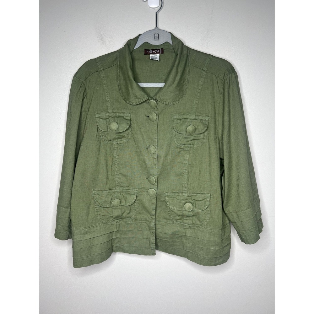 XCVI Linen Blend Utility Jacket Olive Green Button Front Pockets XL Lagenlook